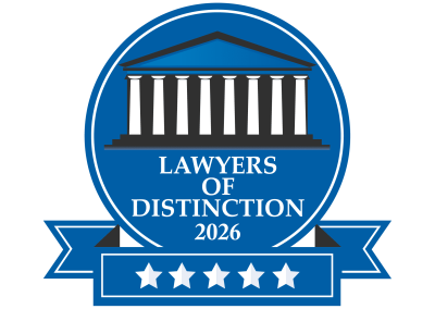 Blue circular award badge with courthouse columns and 'Lawyers of Distinction 2026' text on a blue background, white border and stars.